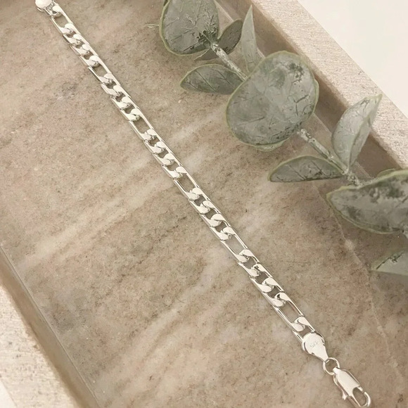 925 Sterling Silver Flat Chain Link Bracelet Modern Figaro Bracelet Chain Link - Picture 3 of 4